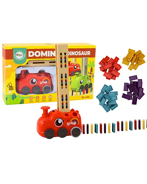 Raudonas dinozauras dėliojantis domino