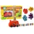 A red dinosaur arranging dominoes