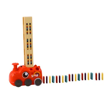 A red dinosaur arranging dominoes