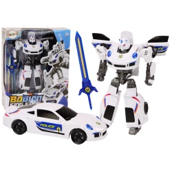 Baltas policijos automobilis-robotas su kardu