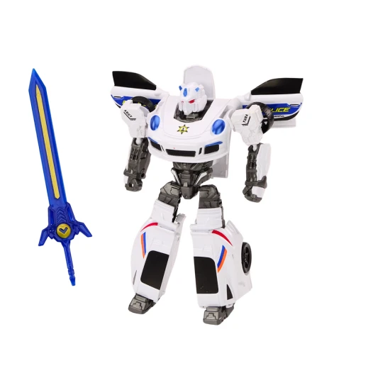 Baltas policijos automobilis-robotas su kardu Žaisliniai automobiliai