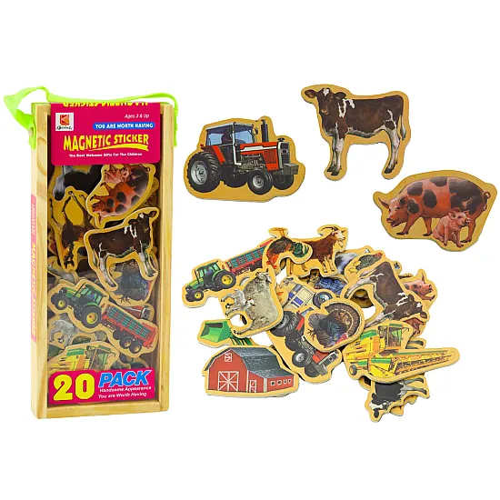 Set of wooden magnets, domestic animals, agricultural machines, 20 pieces