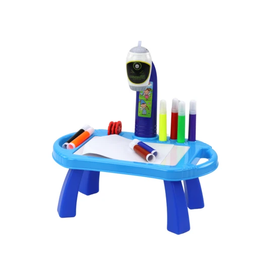 Mėlynas piešimo stalas su projektoriumi Miego priemonės ir projektoriai