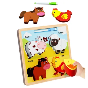 Drewniana tablica edukacyjna 2w1 Puzzle Zwierzęta Marker