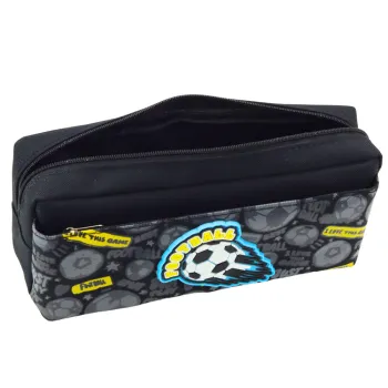 Black pencil case with football motif