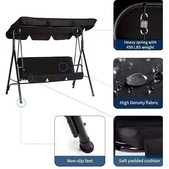 Three-person Garden Swing Rocking Cushions Mattress Black