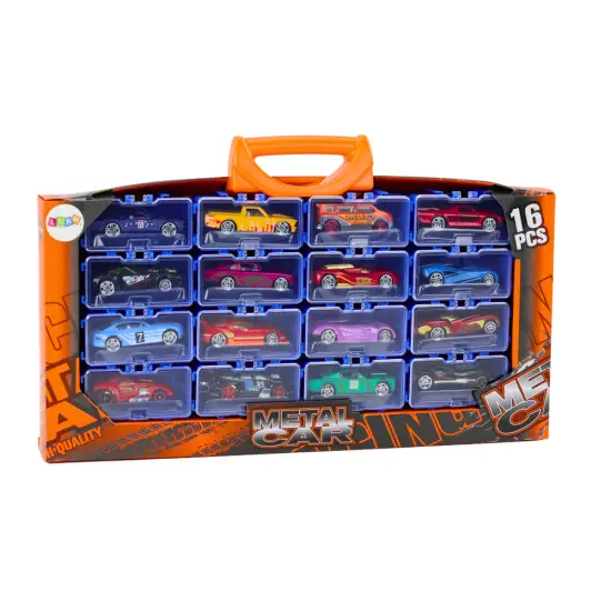 A set of cars with springs in a metal suitcase, 16 pieces Žaisliniai automobiliai