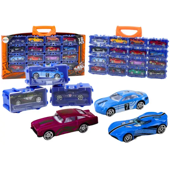A set of cars with springs in a metal suitcase, 16 pieces Žaisliniai automobiliai