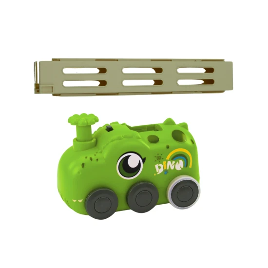 Baterijomis varoma žalia dinozaurų mašina, išdėstanti spalvingus domino su 4 spalvų blokais Lavinamieji