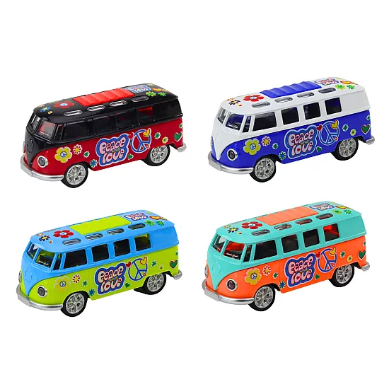 Camper Bus 1:32 Metal Lights Sounds Drive Opening Doors Žaisliniai automobiliai
