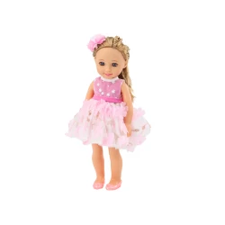 Lėlė su rožine suknele ir plaukų segtuku, 38 cm