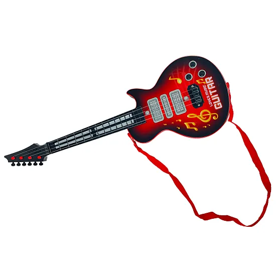 Raudona elektrinė gitara su stygomis ir šviesos efektu Muzikos instrumentai
