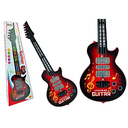 Raudona elektrinė gitara su stygomis ir šviesos efektu