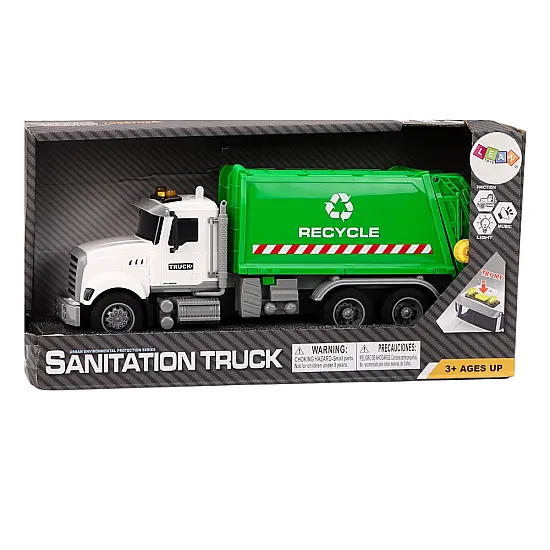 Garbage truck Garbage bins Lights Sounds Drive White and green Žaisliniai automobiliai