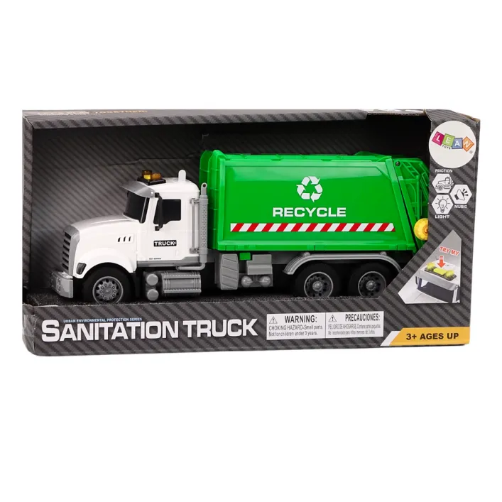 Garbage truck Garbage bins Lights Sounds Drive White and green Žaisliniai automobiliai
