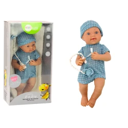 Lėlė kūdikis su mėlynais drabužėliais ir čiulptuku