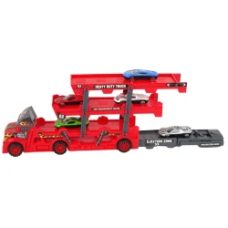 Didelis raudonas trijų aukštų vilkikas