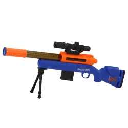 Didelis mėlynas šautuvas su šoviniais ir stovu