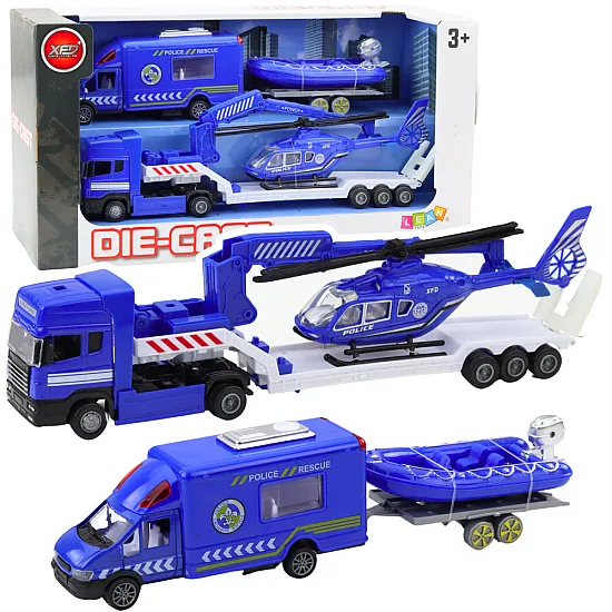 Police Rescue Car Boat Truck Helicopter Blue Set Žaisliniai automobiliai