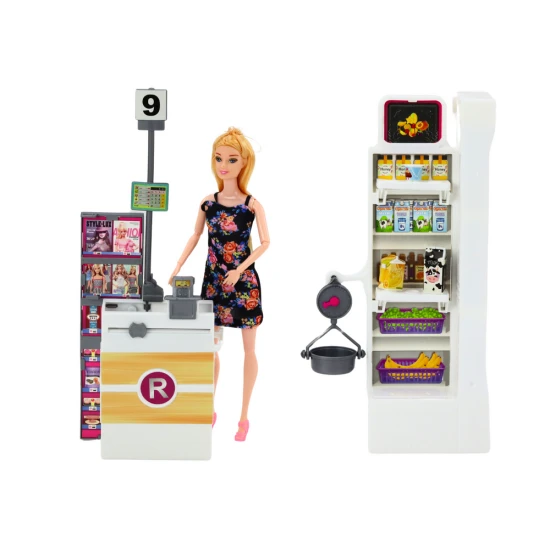 Lėlių prekybos centro rinkinys su lentynomis ir pirkinių vežimėliu Lėlės ir žaidimų rinkiniai