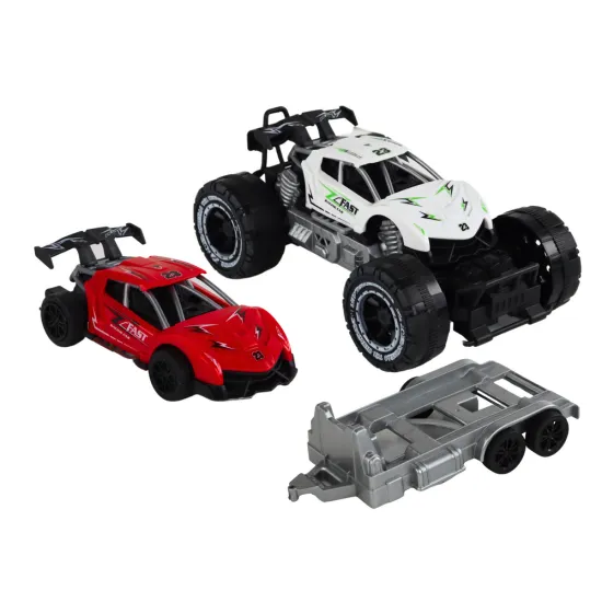 Set: White Off-Road Car, Red Sports Car, Tow Truck Žaisliniai automobiliai