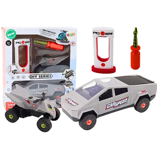 Set of Modern Car with Quad for Disassembly DIY Gray Žaisliniai automobiliai