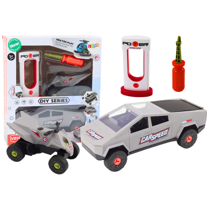 Set of Modern Car with Quad for Disassembly DIY Gray Žaisliniai automobiliai