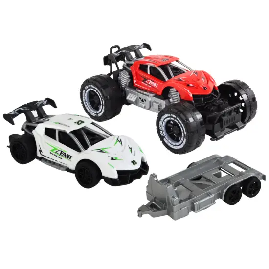 Set of Red Off-Road Car and White Sports Car Tow Truck Žaisliniai automobiliai