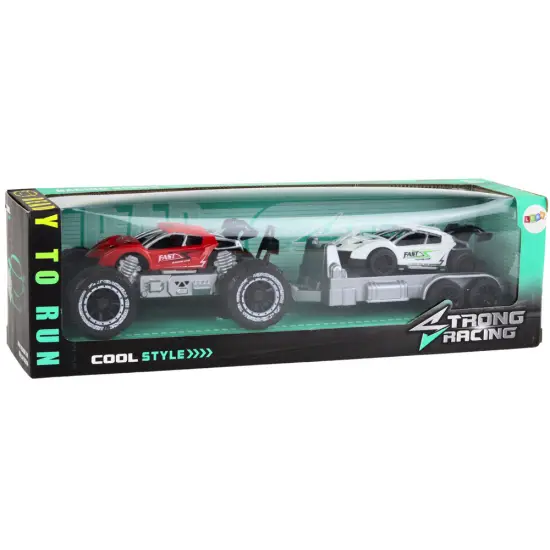 Set of Red Off-Road Car and White Sports Car Tow Truck Žaisliniai automobiliai