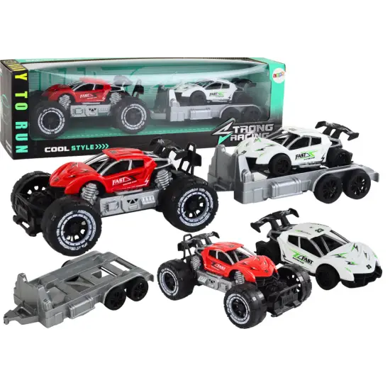 Set of Red Off-Road Car and White Sports Car Tow Truck Žaisliniai automobiliai