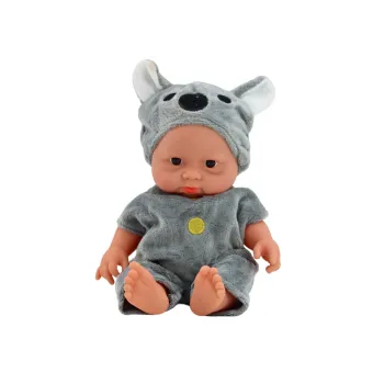 A small doll baby with gray clothes and a koala hat