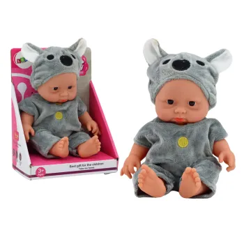 A small doll baby with gray clothes and a koala hat