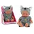 A small doll baby with gray clothes and a koala hat