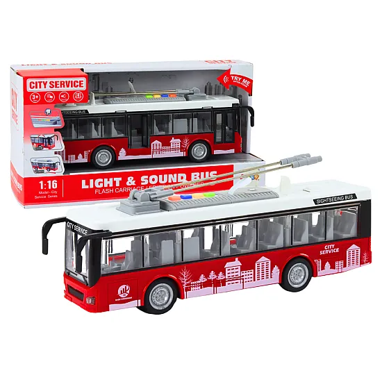 Trolleybus Bus 1:16 Lights Sounds Drive White and Red Samochody-zabawki