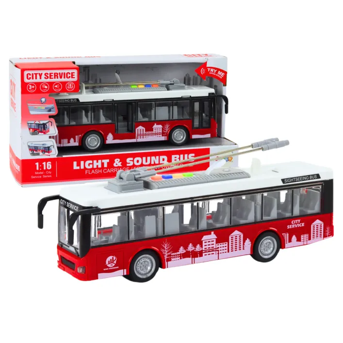 Trolleybus Bus 1:16 Lights Sounds Drive White and Red Žaisliniai automobiliai