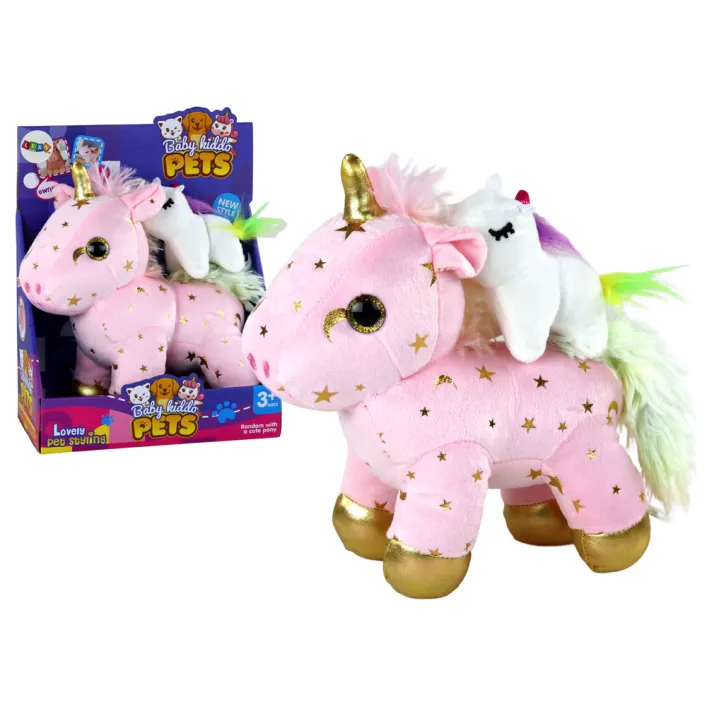 Unicorn Plush Sleeping Animal Lullaby Pink With Stars Set Pliušiniai žaislai