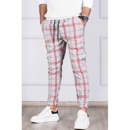 Vyriškos šviesiai pilkos su raudonomis juostomis kelnės Merlot PK4837 Premium