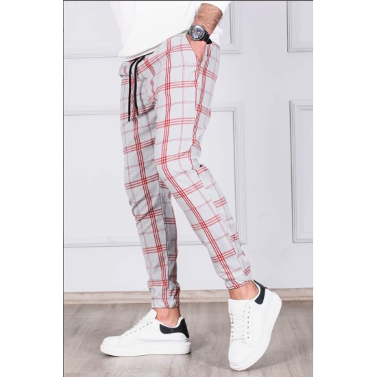 Vyriškos šviesiai pilkos su raudonomis juostomis kelnės Merlot PK4837 Premium