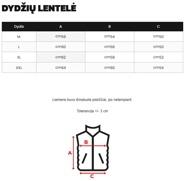 Dydžių lentelė (cm)